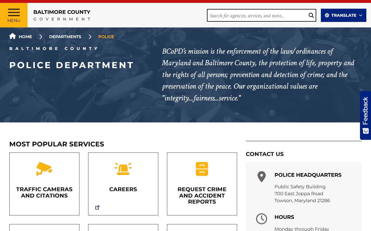 Baltimore County Police Department for background check and arrest records
