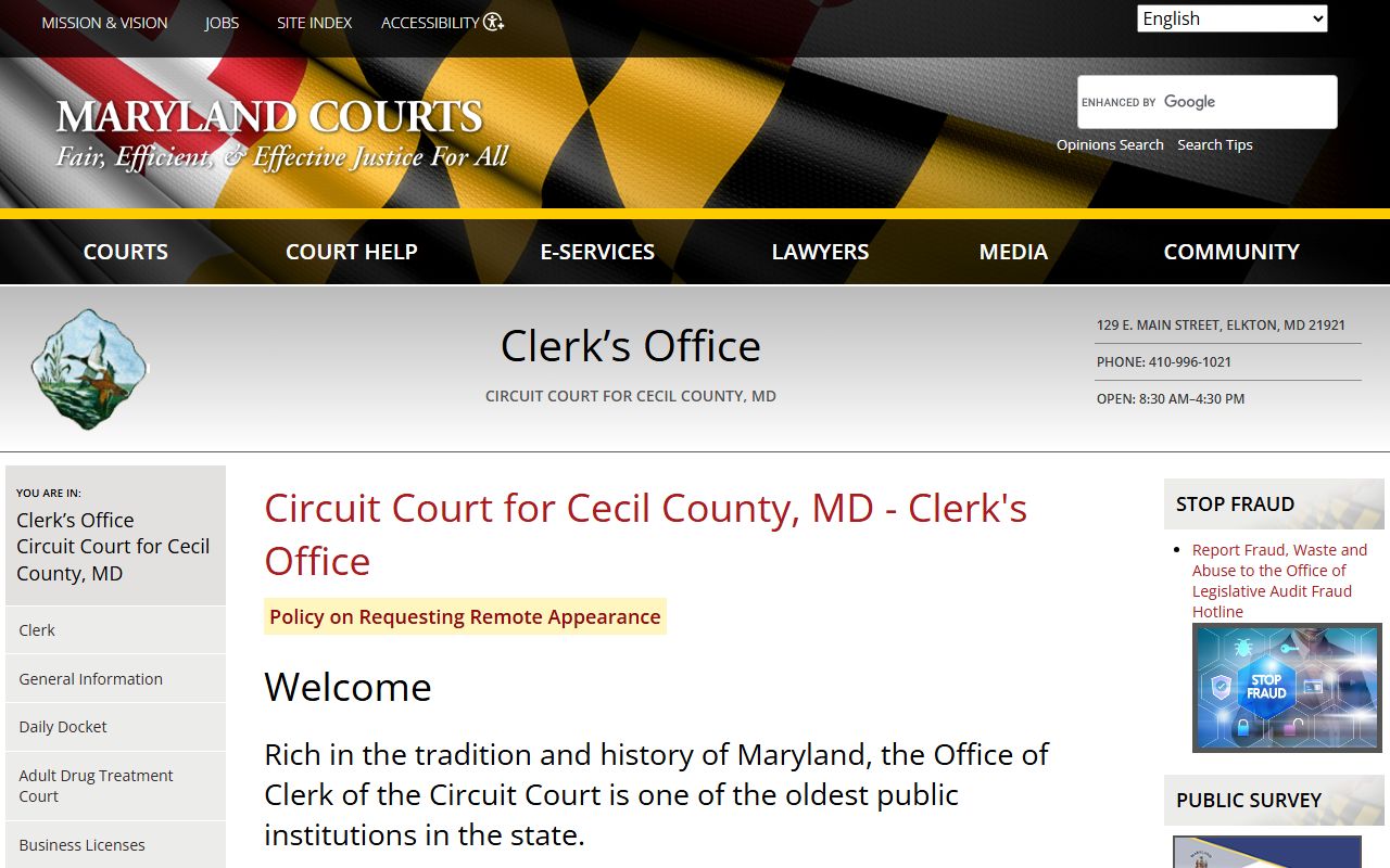 Cecil County Circuit Court Clerk office for background check records