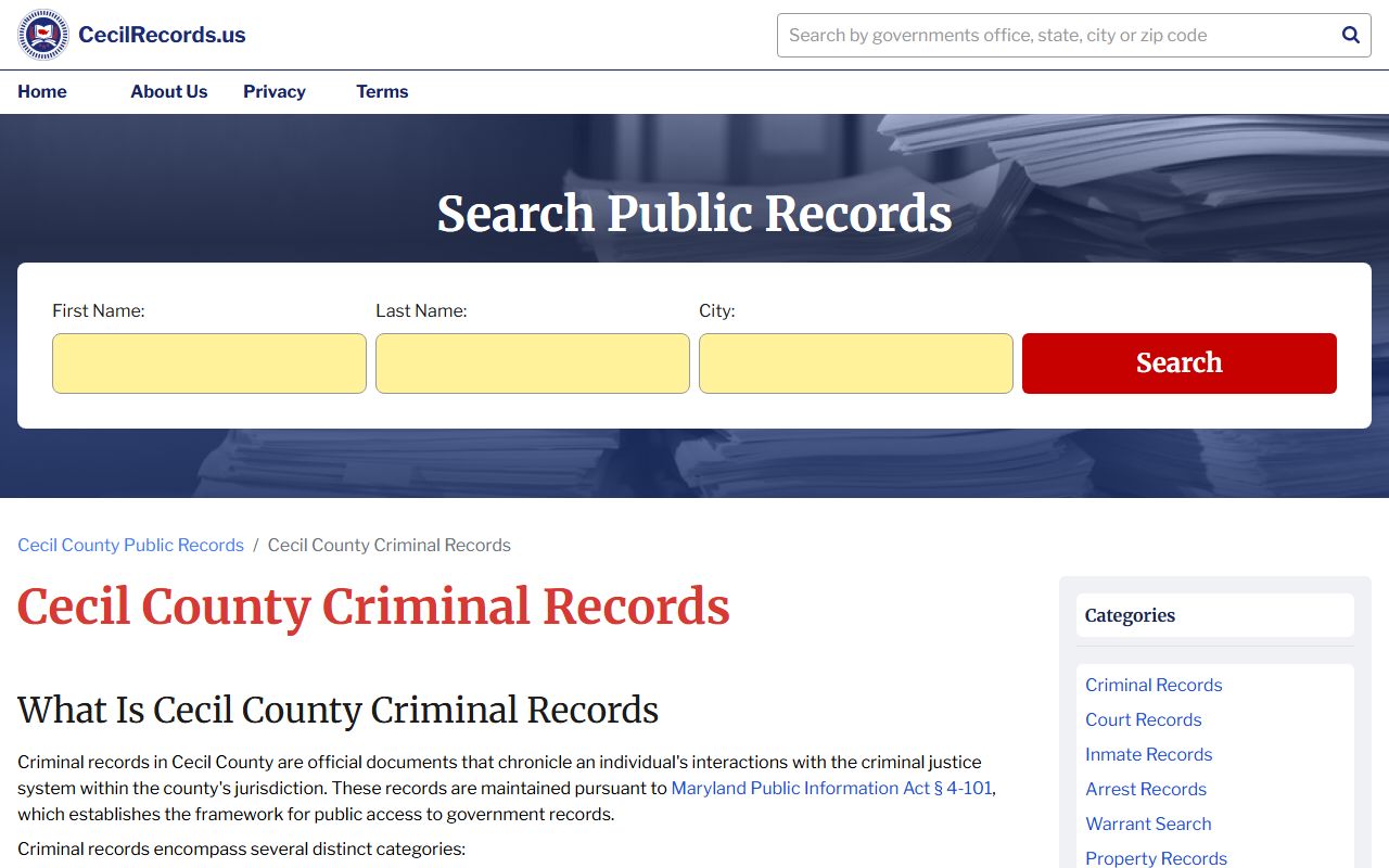 Cecil County criminal records information page for background check searches