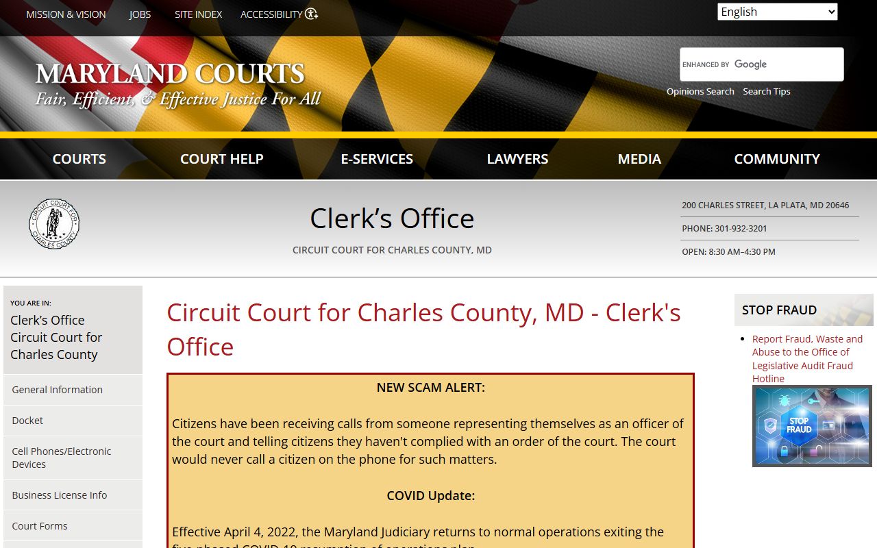 Charles County Circuit Court Clerk office for background check records in La Plata