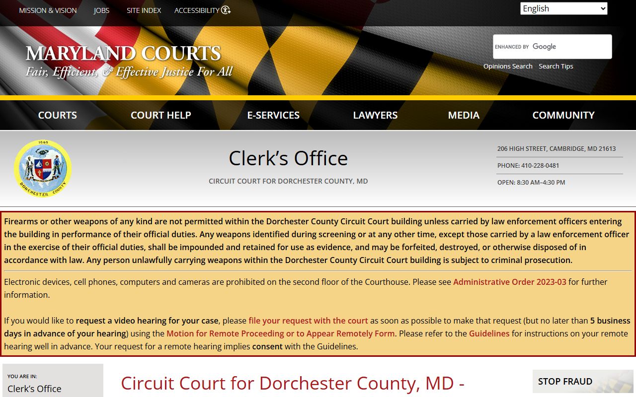 Dorchester County Circuit Court Clerk office for background check records in Cambridge