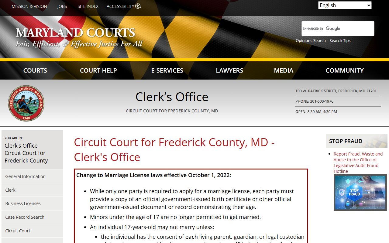 Frederick County Circuit Court Clerk office for background check records