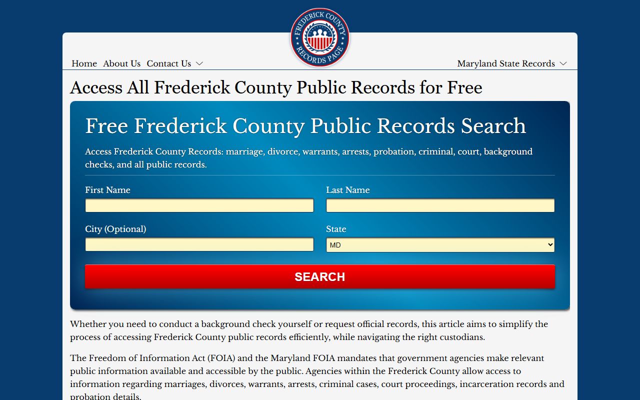 Frederick County Records Page explaining background check levels for Maryland