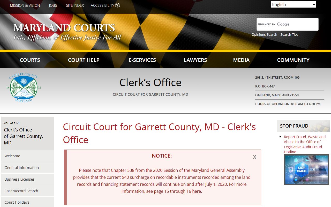 Garrett County Circuit Court Clerk office for background check records in Oakland