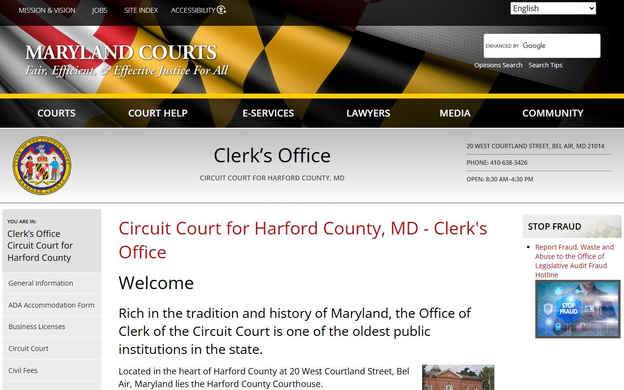 Harford County Circuit Court Clerk office for background check records in Bel Air