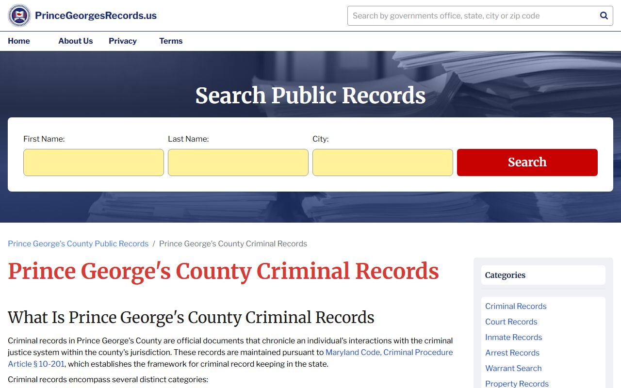 Prince George's County criminal records information page for background check research