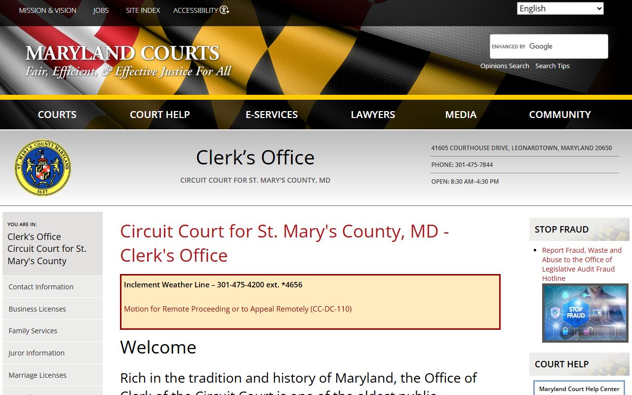 St. Mary's County Circuit Court Clerk background check records page
