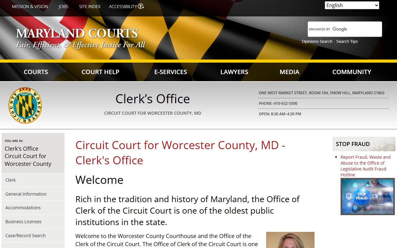 Worcester County Circuit Court Clerk background check records page