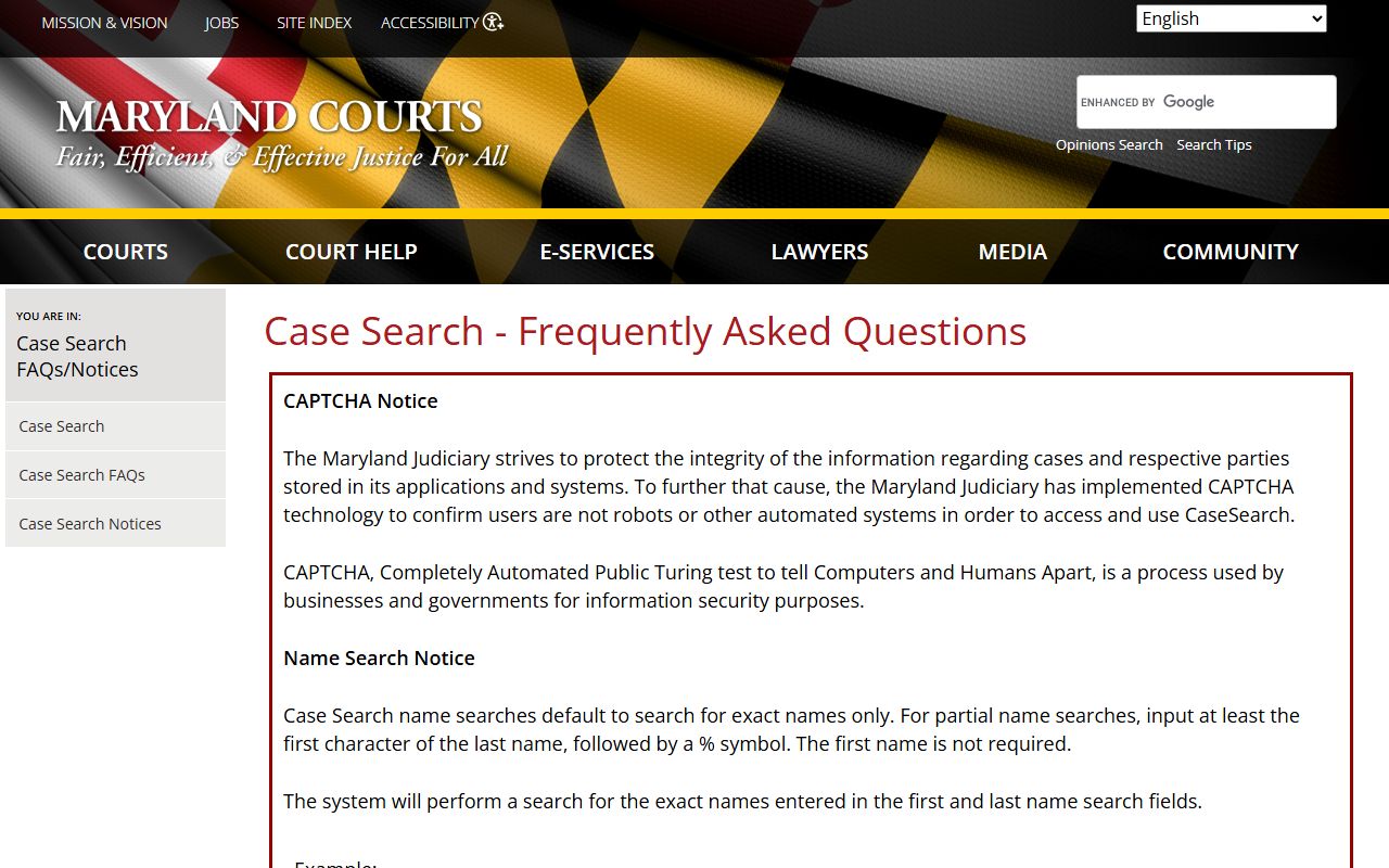 Maryland Judiciary Case Search FAQ page with search tips