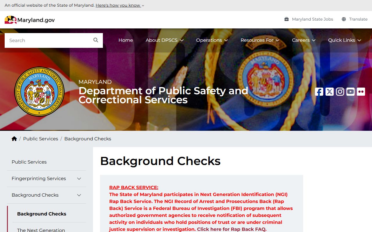 Maryland CJIS background check information page at DPSCS