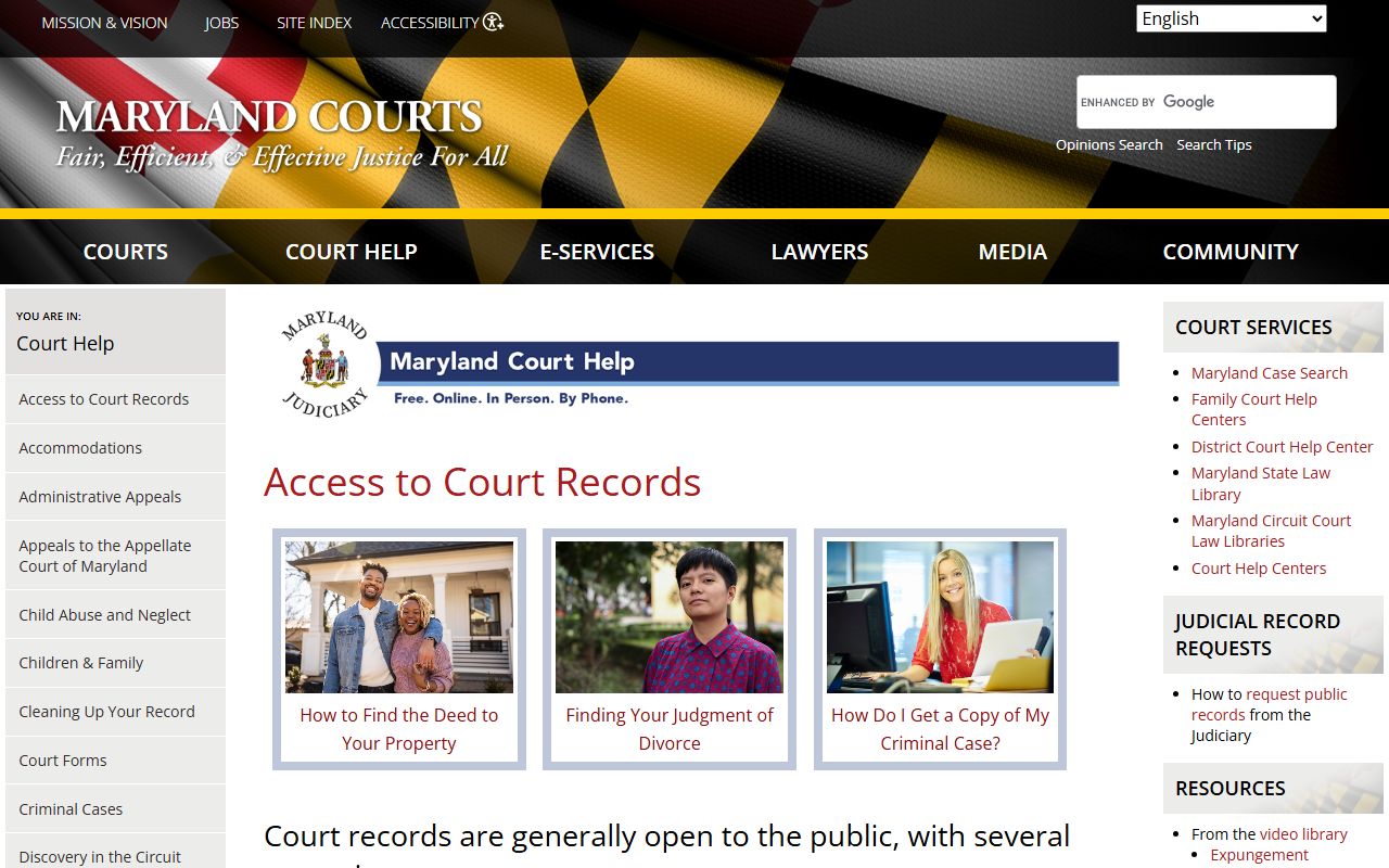 Maryland courts legal help page showing how to access court records