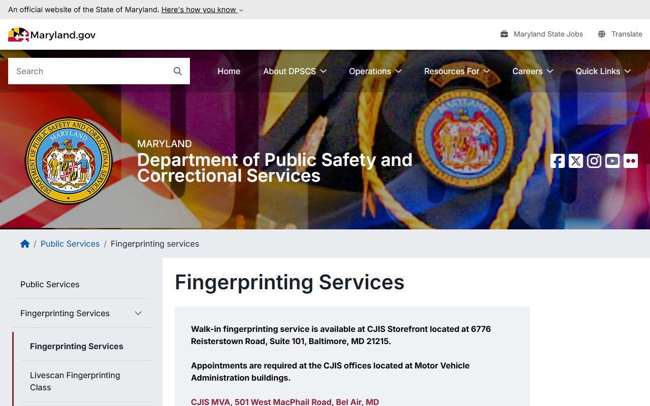 Maryland DPSCS fingerprinting services page for background checks