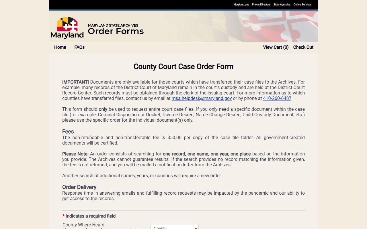 Maryland State Archives county court case order form