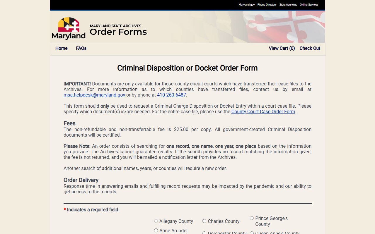 Maryland State Archives criminal disposition order form for specific records